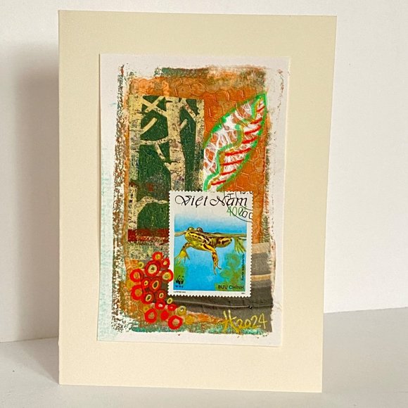 Collage Art Handmade Original Blank Greeting Card and Envelope Vietnam Postage - Picture 2 of 5